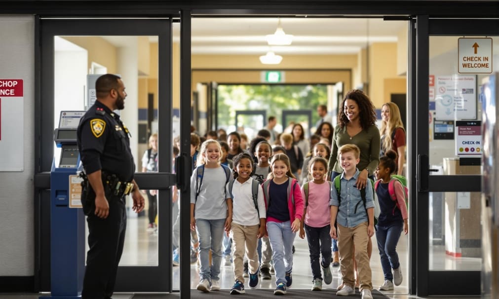 A diverse group of smiling elementary school children, accompanied by a teacher, walking through the entrance of a school. A security officer stands attentively by the doorway, emphasizing a welcoming yet secure environment. Signs indicating check-in procedures and security measures are visible in the background.